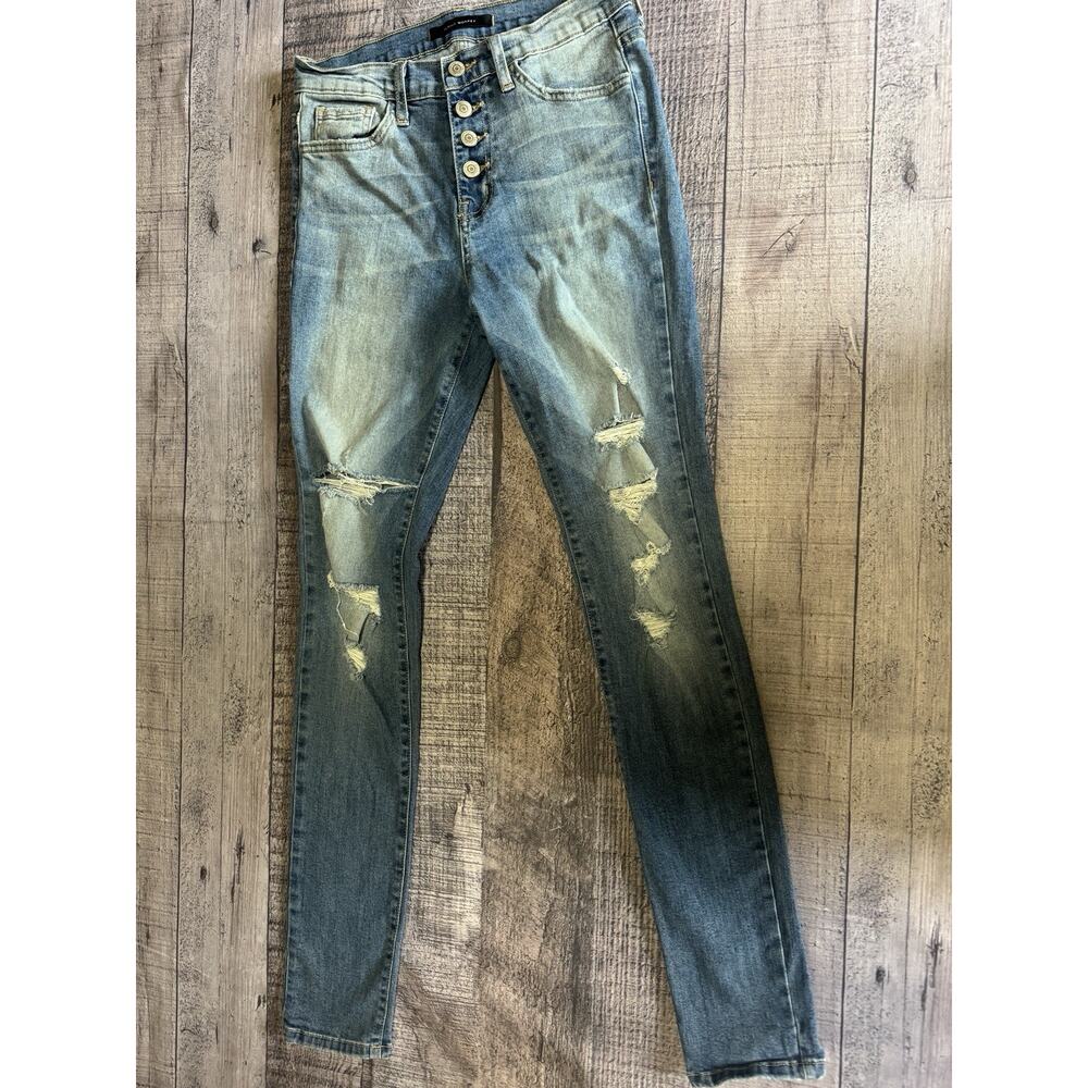 Flying Monkey Jeans Womens Size 27 Medium Wash Distressed Exposed Button Skinny